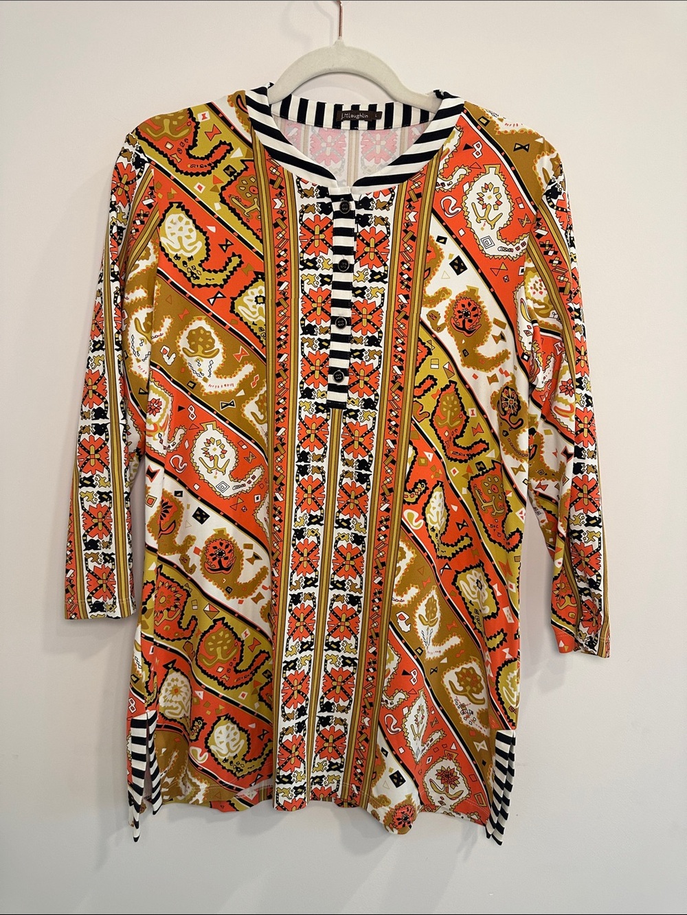 J. McLaughlin Orange and Gold Printed Long-Sleeve Tunic Dress